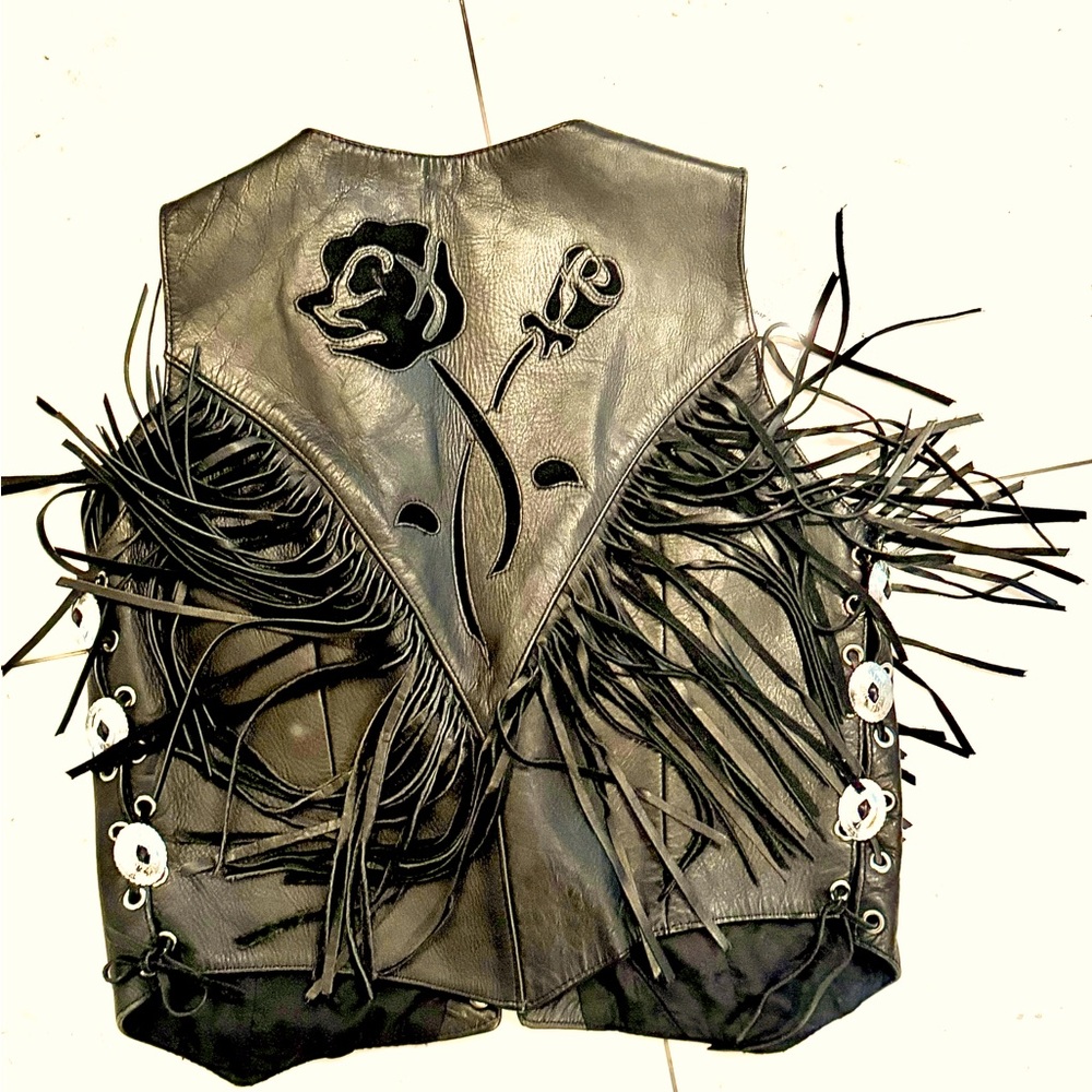 Vintage black leather fringe vest